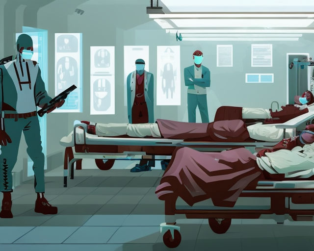 Doctors tends to patiens with COVID-19, chest x-rays on the wall, abstract style picture