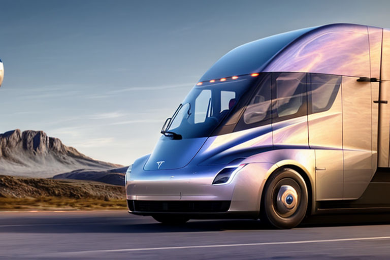 A Tesla electric-semi-truck, driving on the highway, mountains in the background
