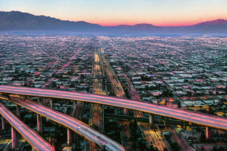 An oil painting, highways running in all directions, mountains and sunset in the background