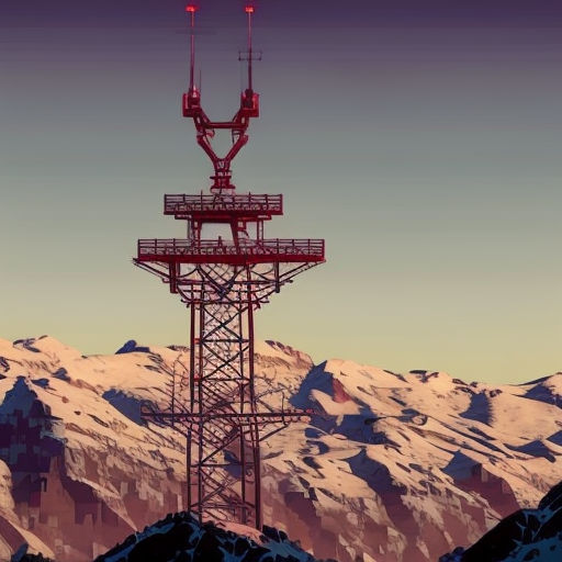 5 telecom industry trends thumbnail, showing a radar tower and antenna on top of a mountain, with a gradient colord sky in the background