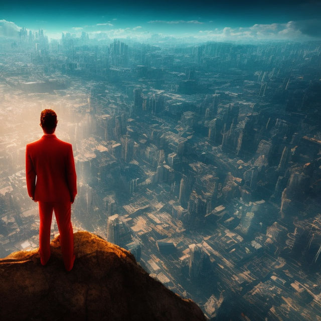 A youg professinoal stands on top of a mountain overlooking a city
