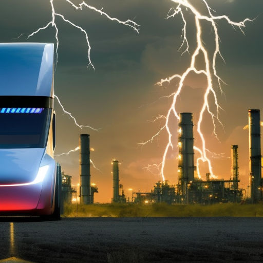 A Tesla Semi-truck, leaving an oil refinery at night, lighting striking in the background