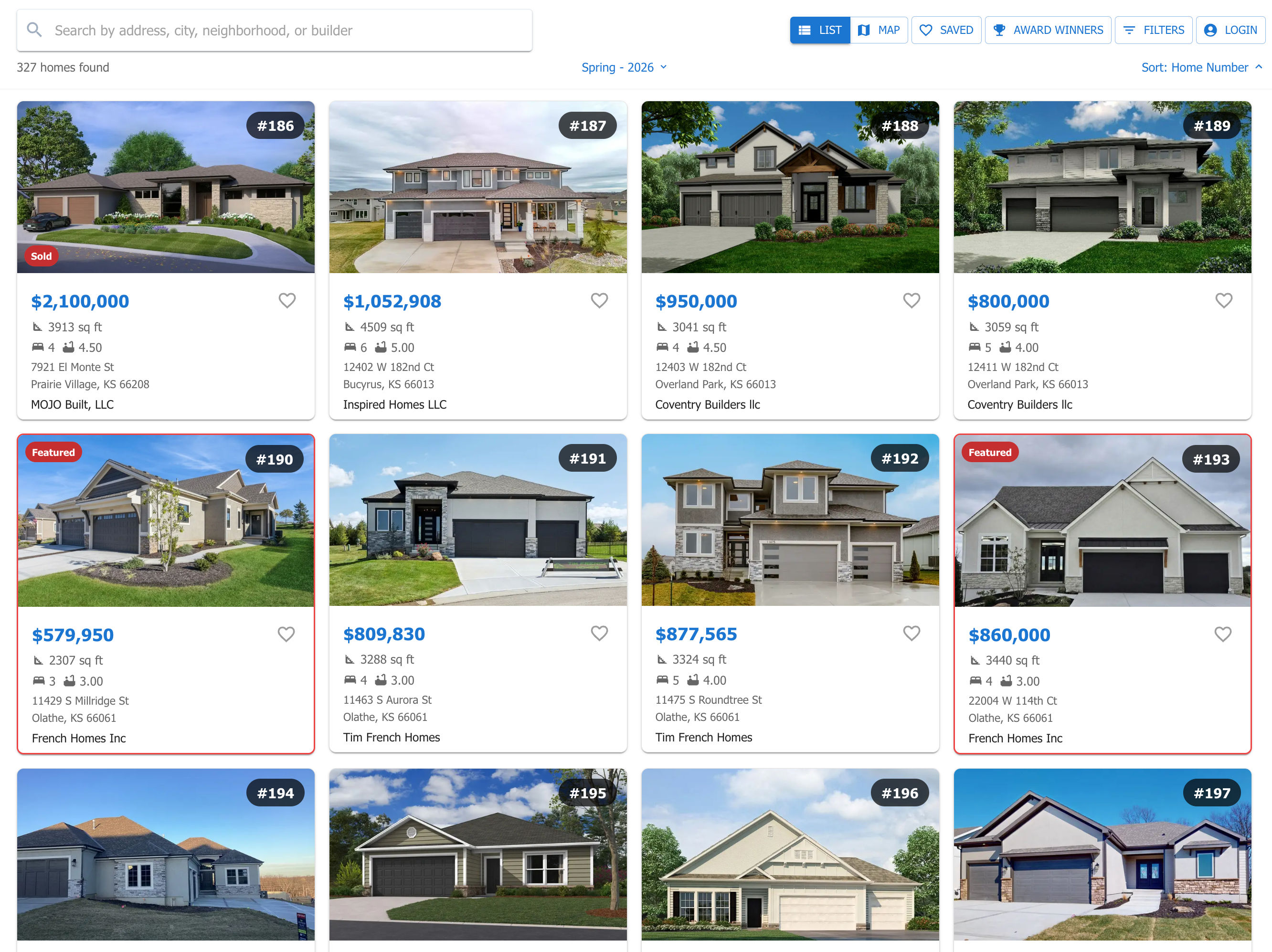 HomeParadeOS Home Vault listing page showing homes in a residential neighborhood