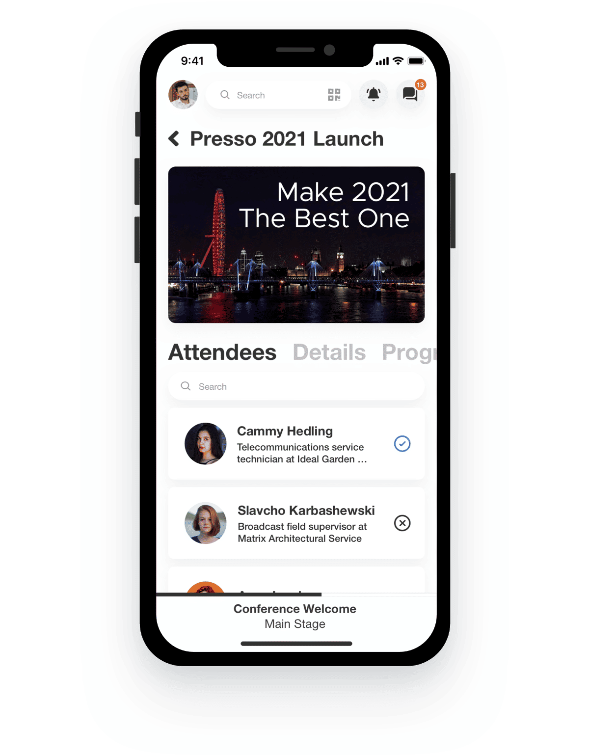A phone showing the attendees of an event on the Presso Network app