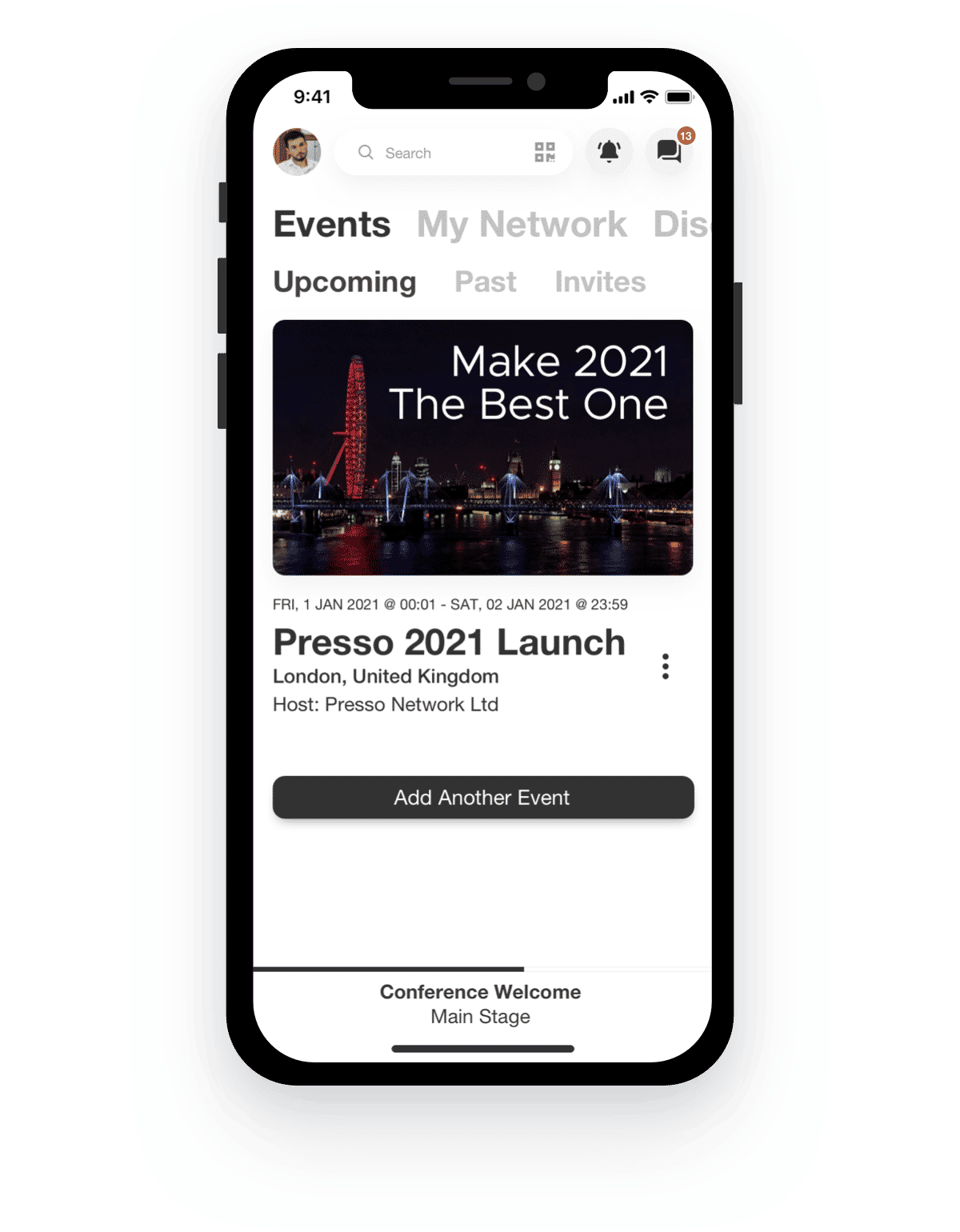 A phone showing the event overview on the Presso Network app