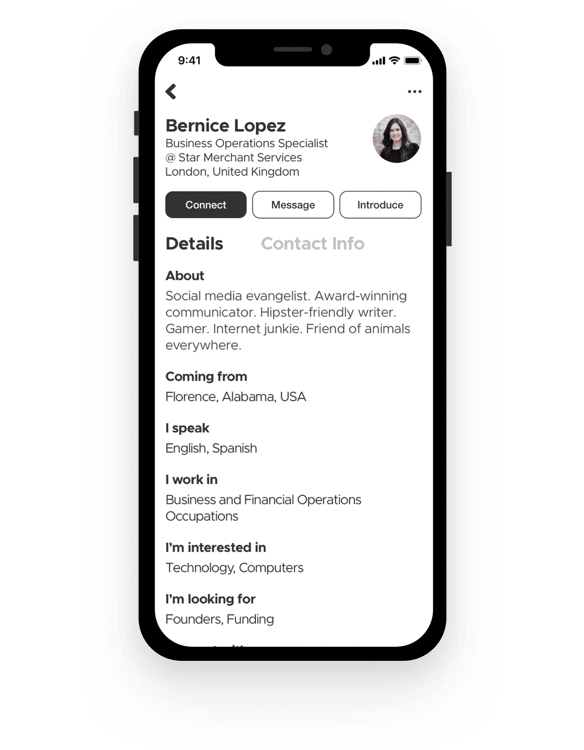 A phone showing an attendees profile on the Presso Network app