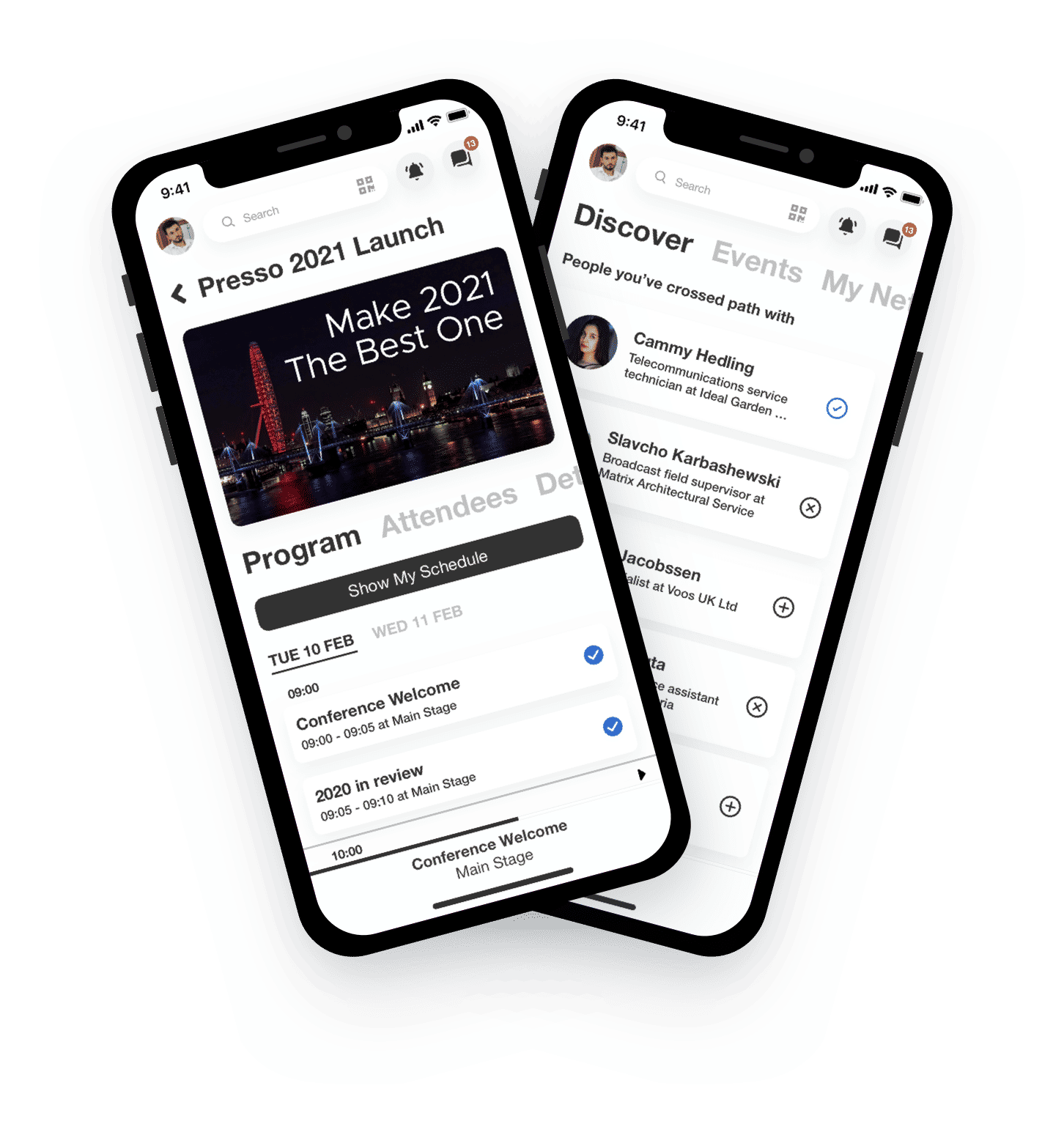 Two phones, where one is showing the full schedule of an event on Presso, and the other shows a single session