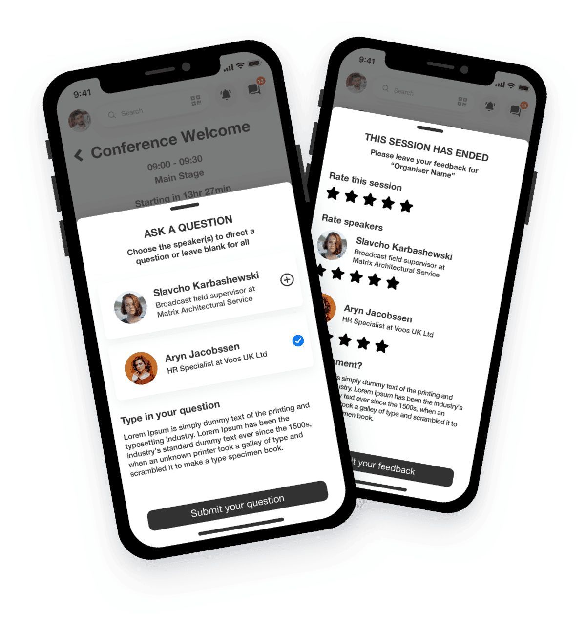Two phones showing the Presso app for asking questions to speakers, leaving feedback and rating sessions