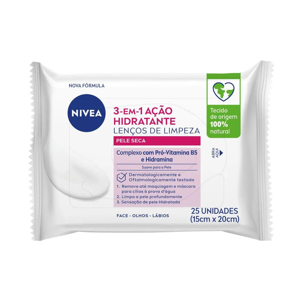 Lenços de Limpeza Facial Nivea Ação Hidratante 3 em 1 25 Unidades