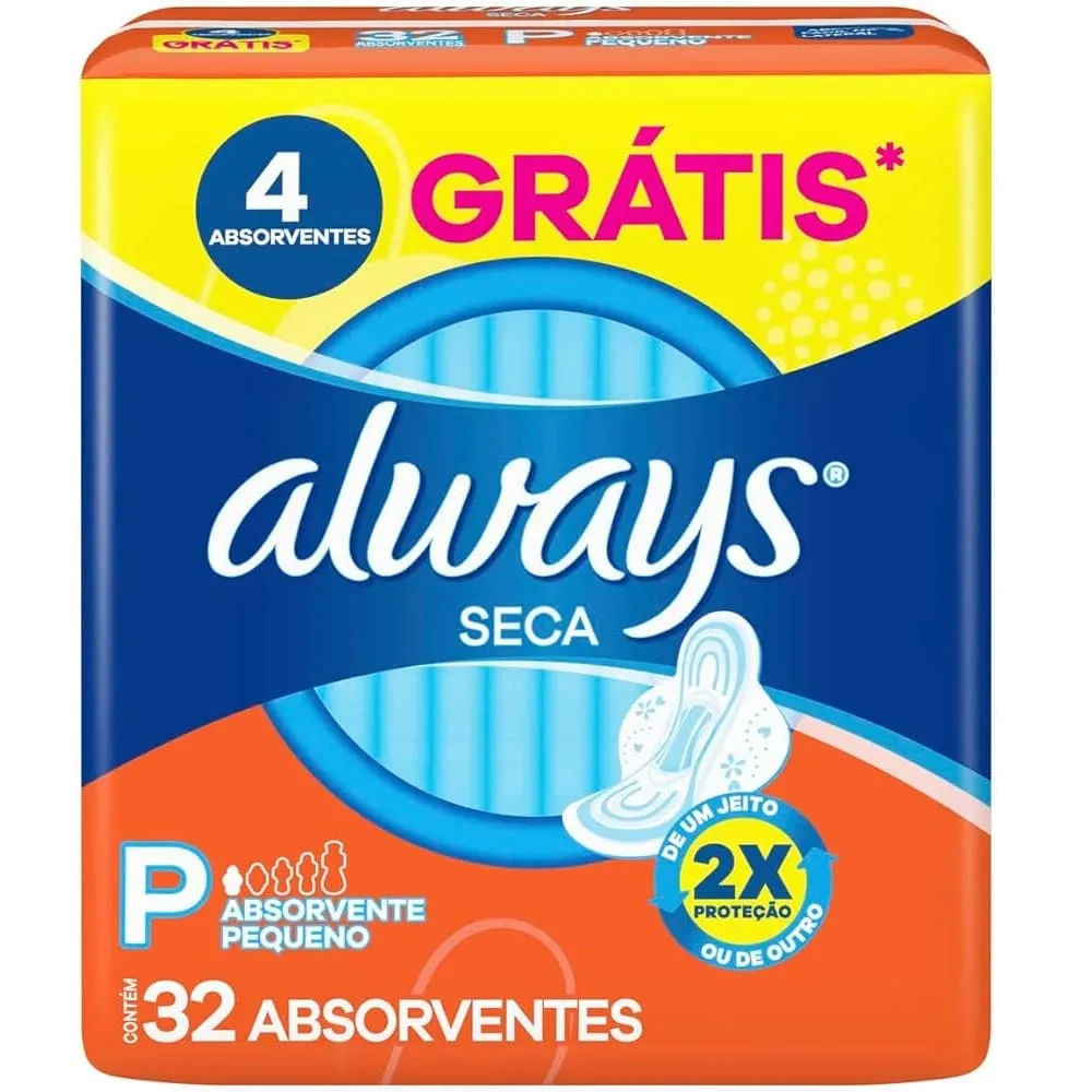 Absorvente Always Tamanho P Seca c/ Abas 32 Unidades