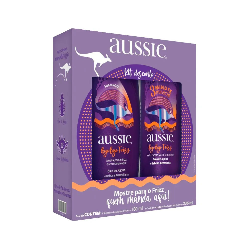 Kit Aussie Shampoo 180ml + Condicionador 236ml Bye Bye Frizz Óleo de Jojoba e Babosa