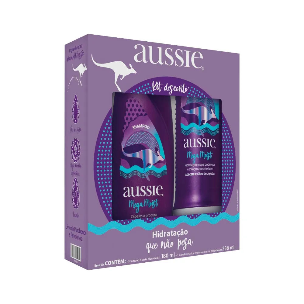 Kit Aussie Shampoo 180ml + Condicionador 236ml Mega Moist Óleo de Jojoba e Algas Marinhas
