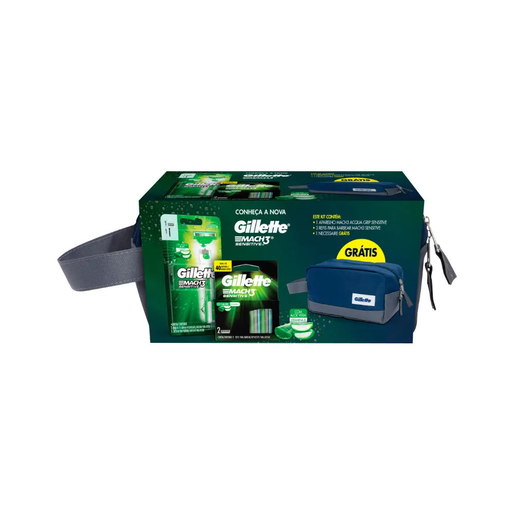 Aparelho De Barbear Gillette Mach3 Acqua Grip Com 1+3 Refil Sensitive  + Necessaire Especial