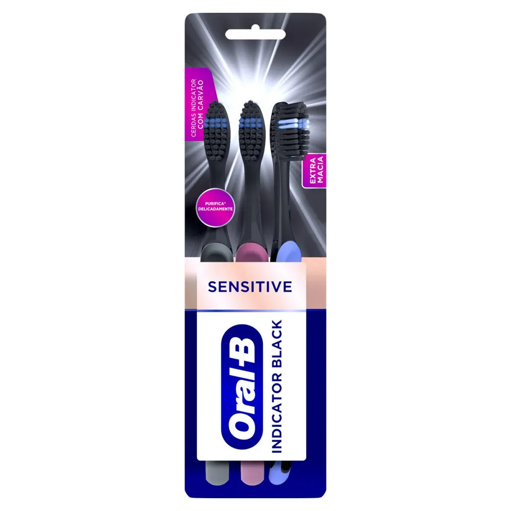 Escova Dental Oral-B Extramacia Sensitive Indicator Black 3 Unidades