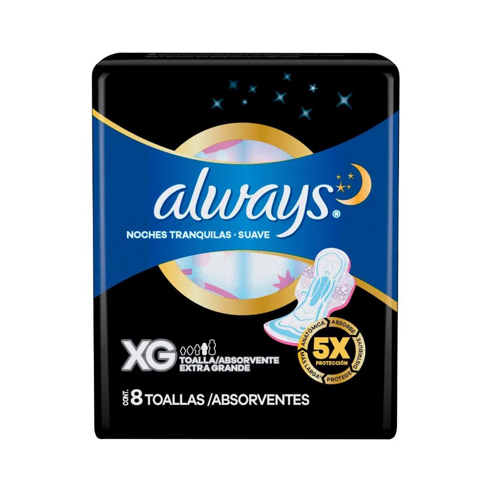 Absorvente Always Tamanho XG Suave c/ Abas Noturno 8 Unidades