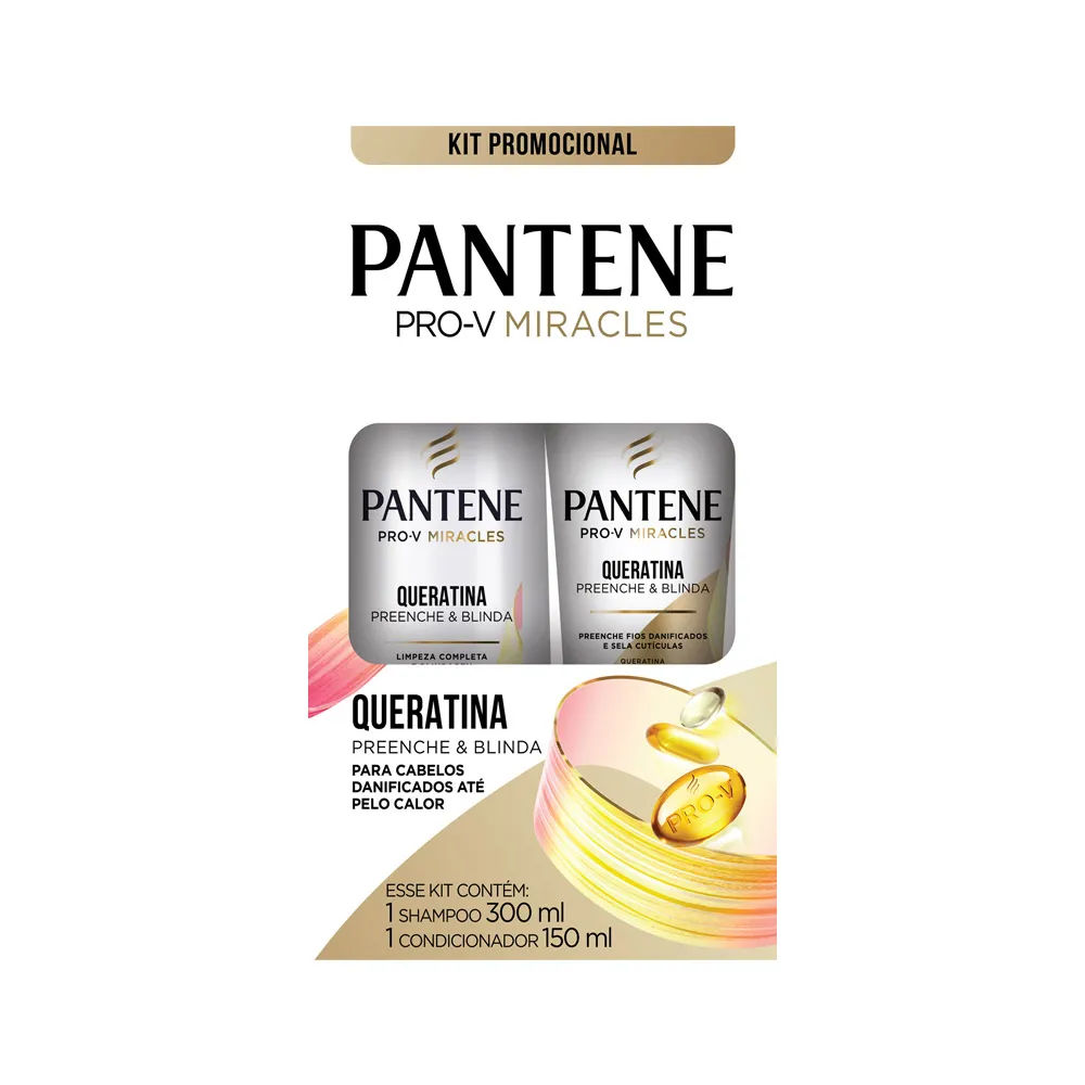 Kit Shampoo Pantene 300ml + Condicionador Pantene Queratina Preenche & Blinda 150ml