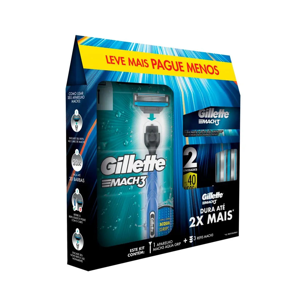 Kit Gillette Mach3 com 1 Aparelho + 3 Refis Leve Mais Pague Menos