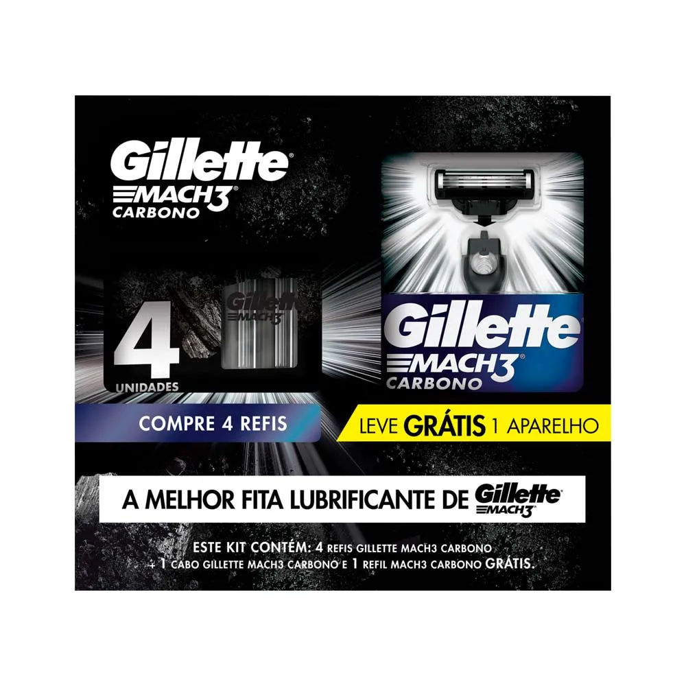 Kit Gillette Carga Mach3 Carvão 4 Unidades + Aparelho 1 Unidade GTS