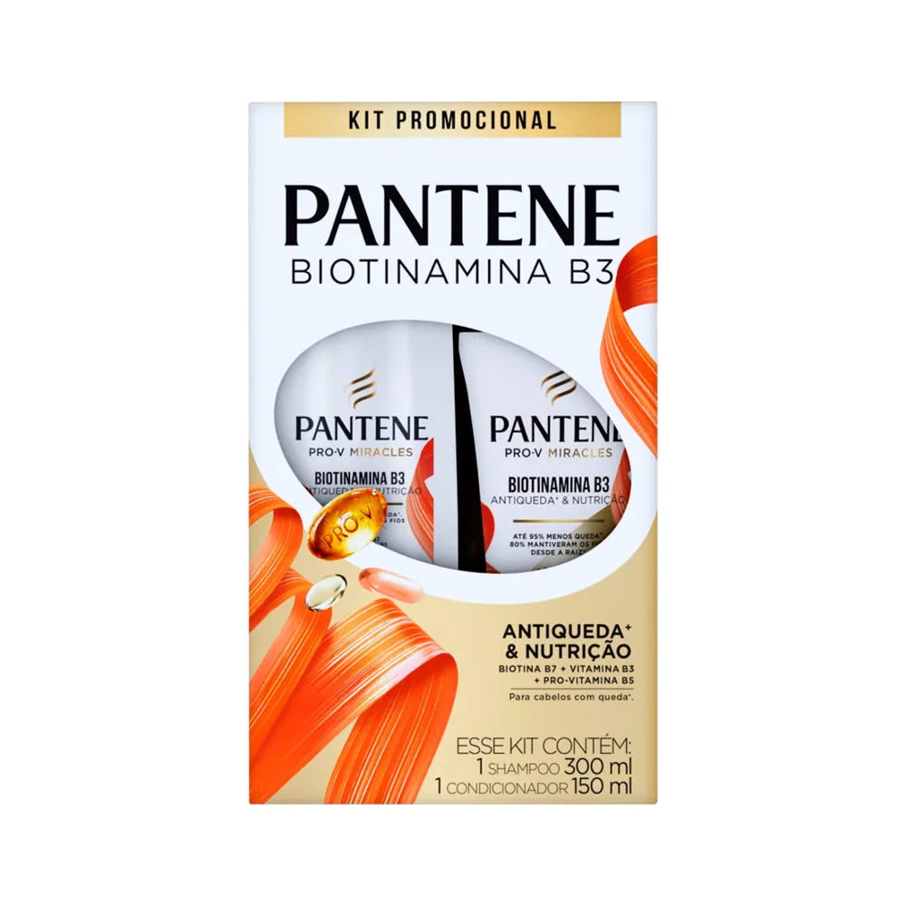 Kit Shampoo Pantene 300ml + Condicionador Pantene Biotinamina B3 Antiqueda & Nutrição 150ml