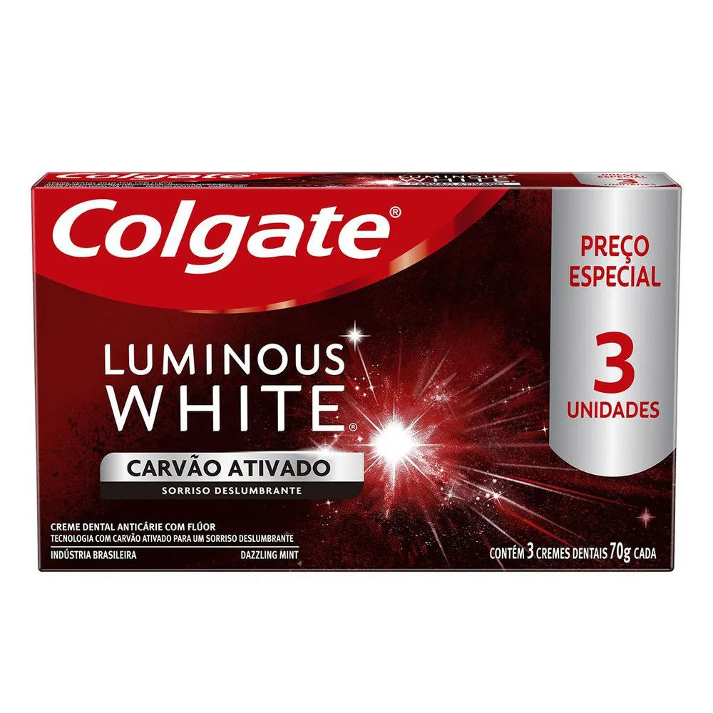 Creme Dental Clareador Colgate Luminous White Carvão Ativado 70g 3 unidades