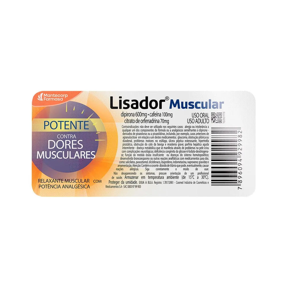 Lisador Muscular Dipirona 600mg + Cafeína 100mg + Orfenadrina 70mg 6  Comprimidos   Enter/