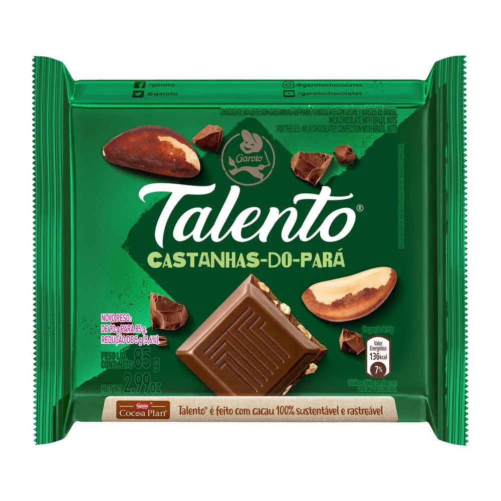 Chocolate Castanhas do Pará Talento Garoto 85g