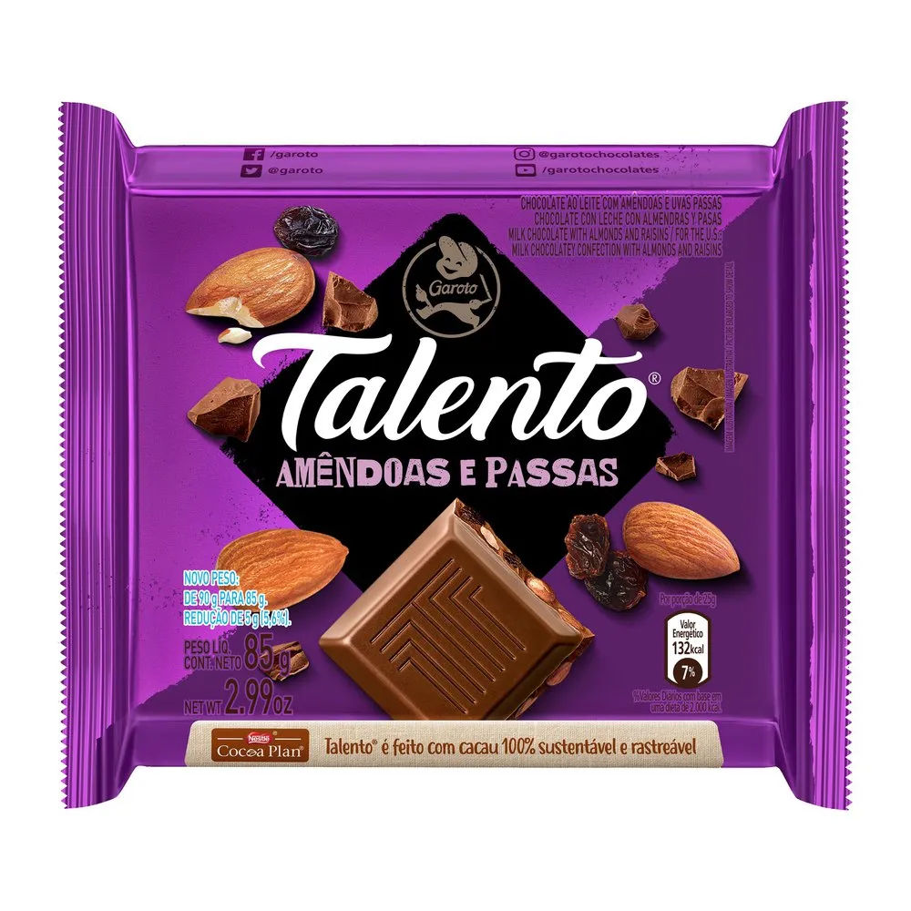 Chocolate Garoto Talento Amêndoas Com Passas 85g