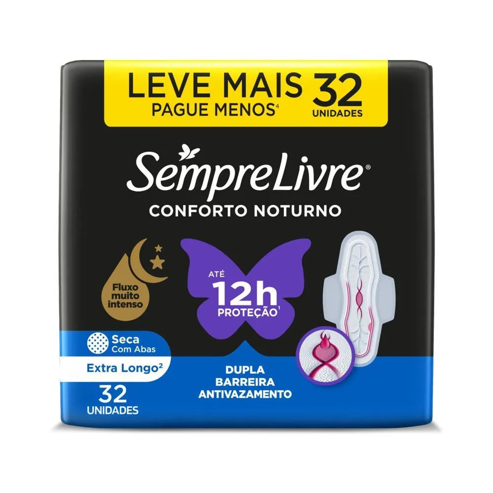 Absorvente Sempre Livre Conforto Noturno Seca Com Abas 32 Unidades
