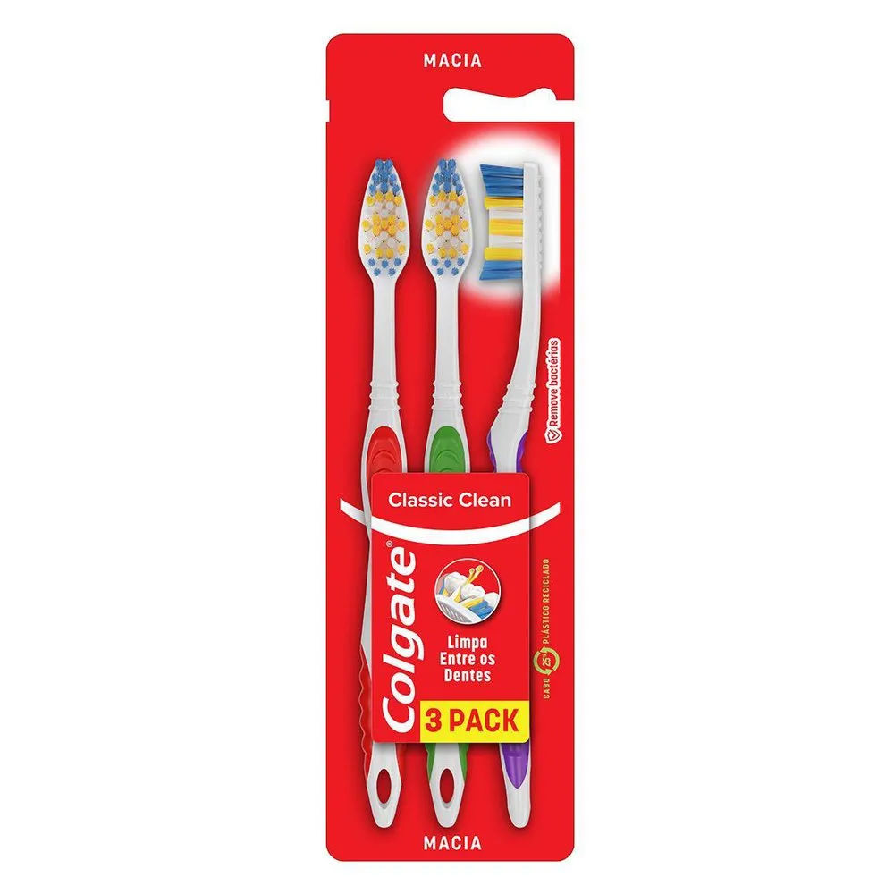 Escova Dental Macia Colgate Classic Clean Cabeça Normal 3 Unidades