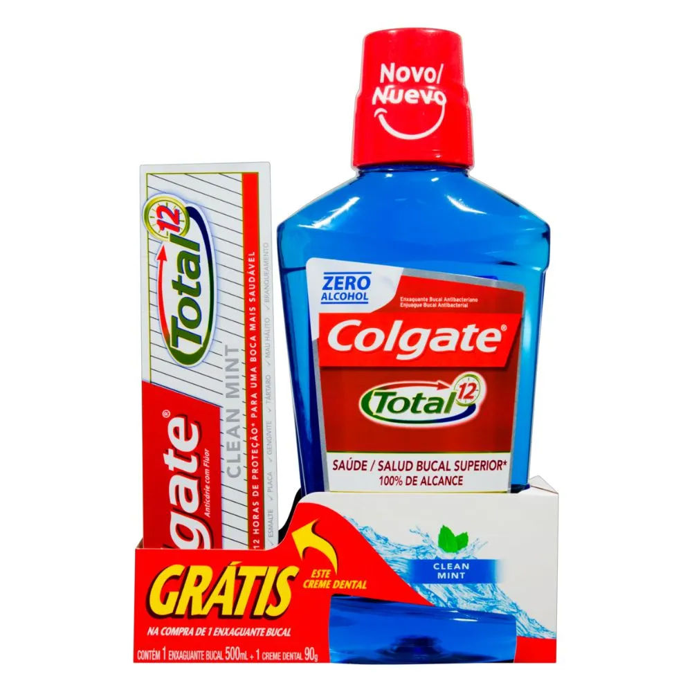 Enxaguante Bucal Colgate Total 12 Clean Mint 500ml + Creme Dental 90g