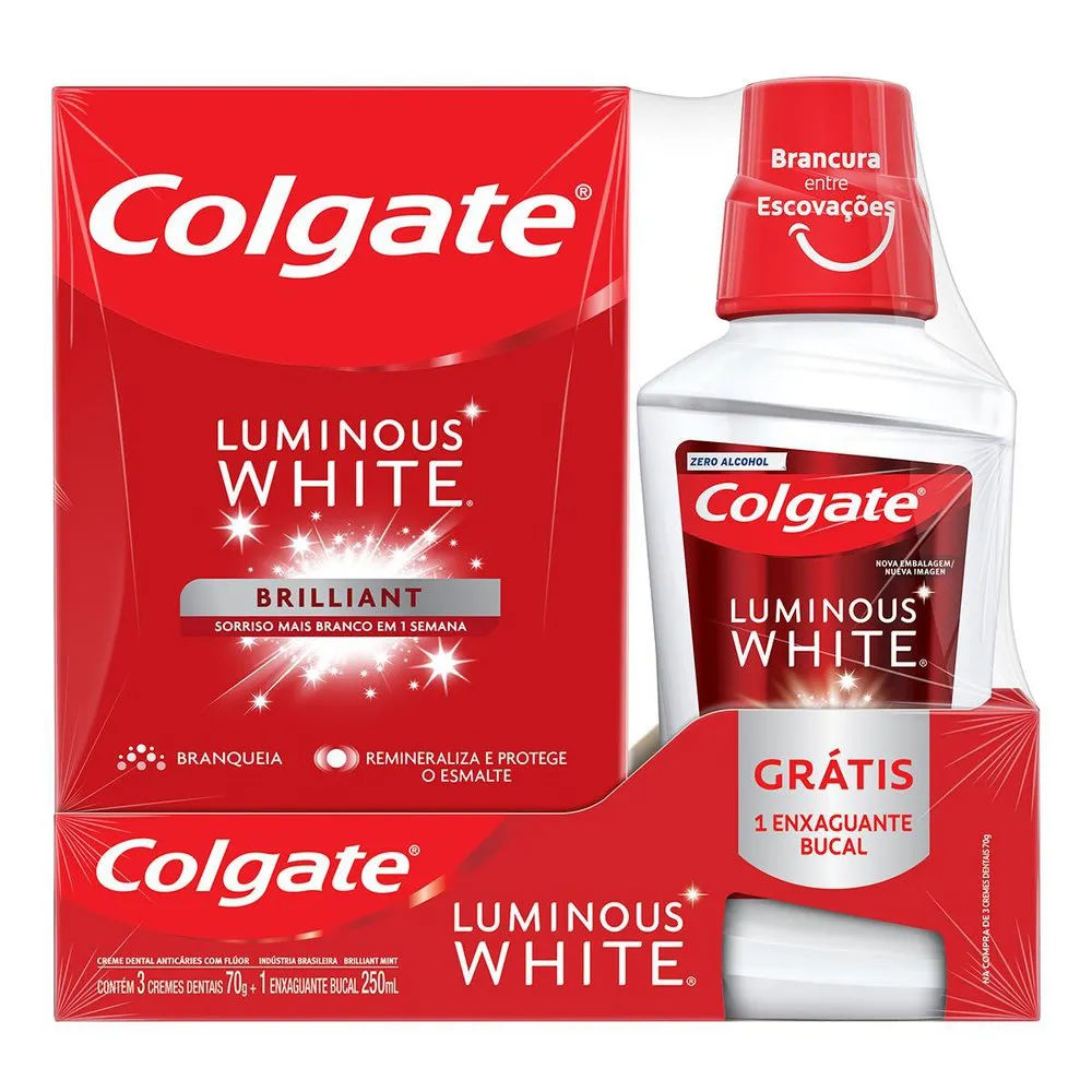 Creme Dental Colgate Luminous 3 Unidades + Enxaguante Bucal