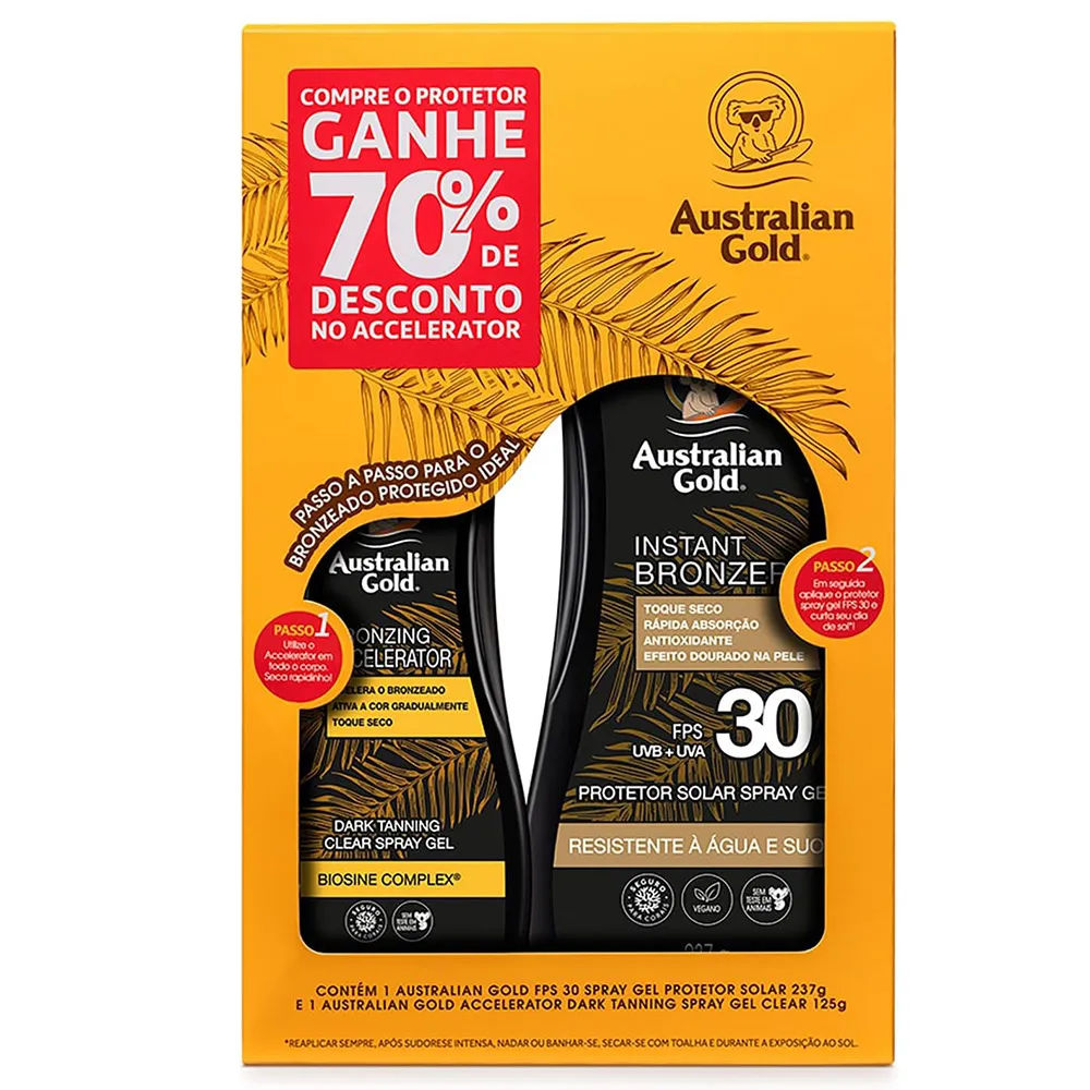 Kit Australian Gold Protetor Solar Bronzer FPS30 275ml + Acelerador de Bronzeado 125ml