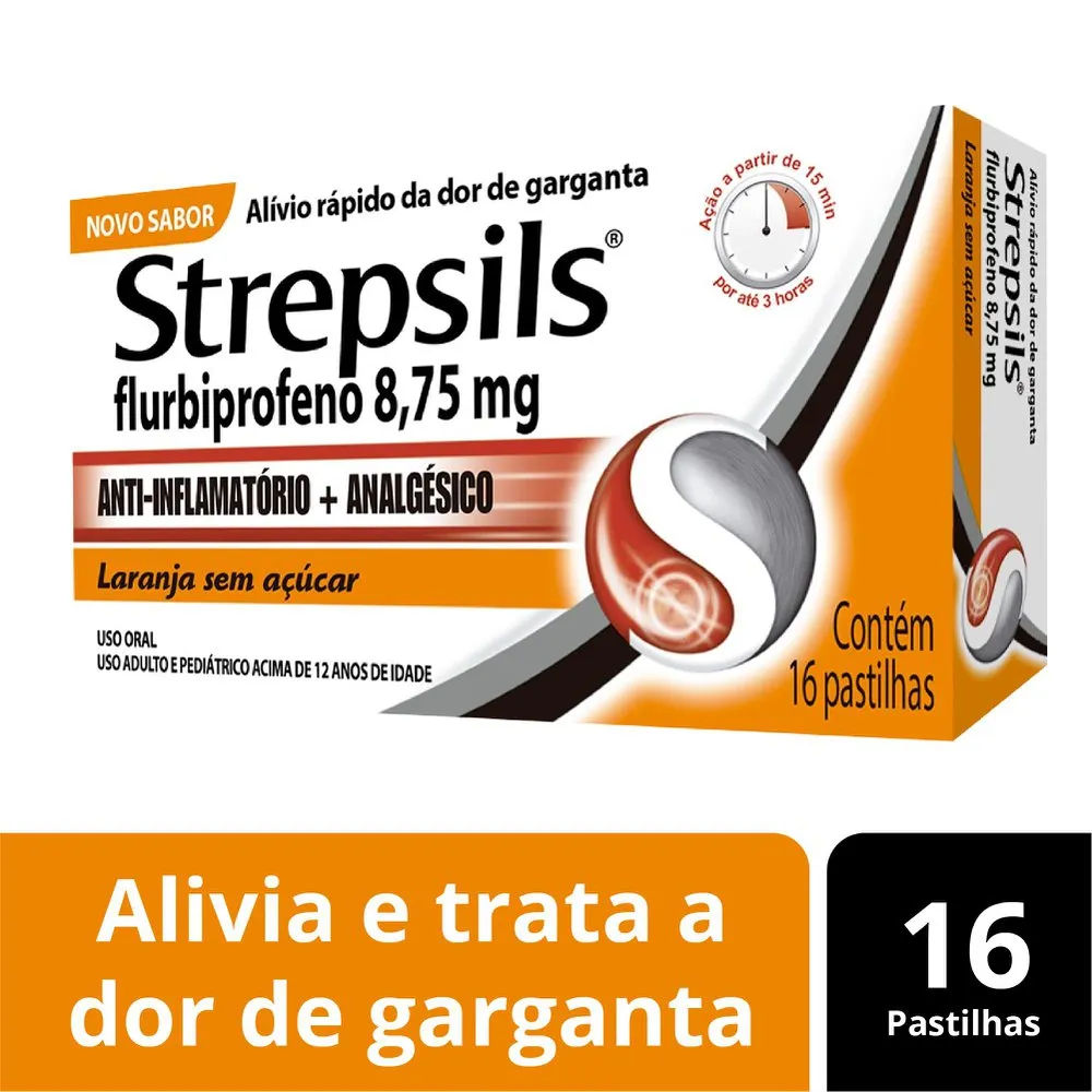 Pastilhas para garganta Strepsils Sabor Laranja Sem açúcar - Caixa 16 Pastilhas