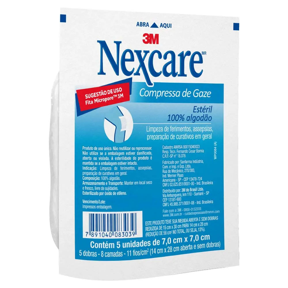Compressa Gaze Estéril 3M Nexcare 7,0 x 7,0 cm, Contém 5 Unidades