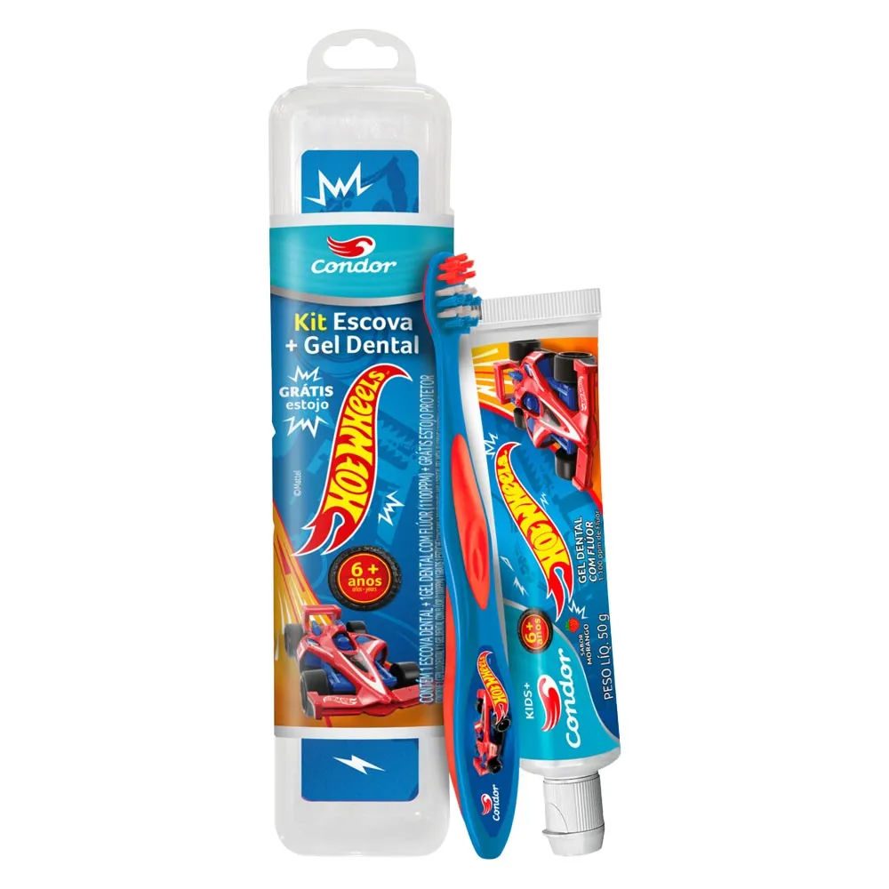 Escova + Gel Dental Condor Hot Wheels Kids+ Gratis Estojo Especial