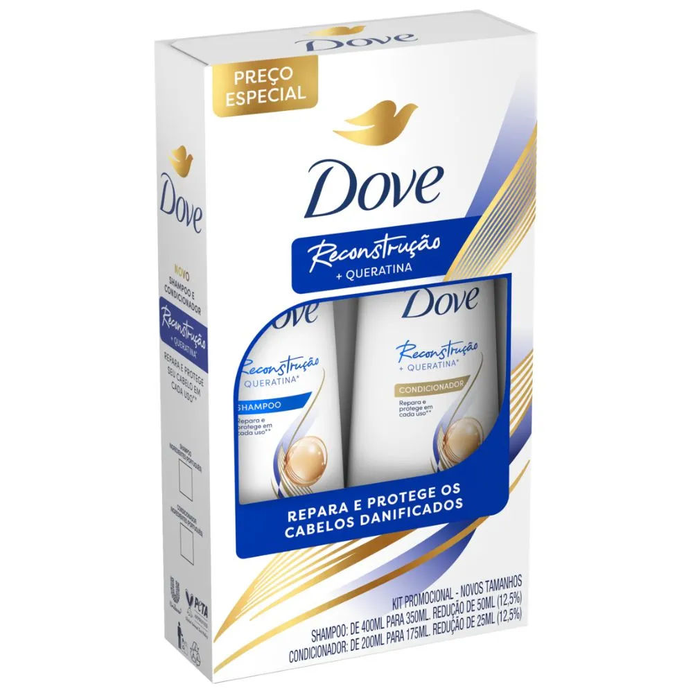Kit Shampoo Dove 350ml + Condicionador Dove Reconstrução com Queratina 175ml