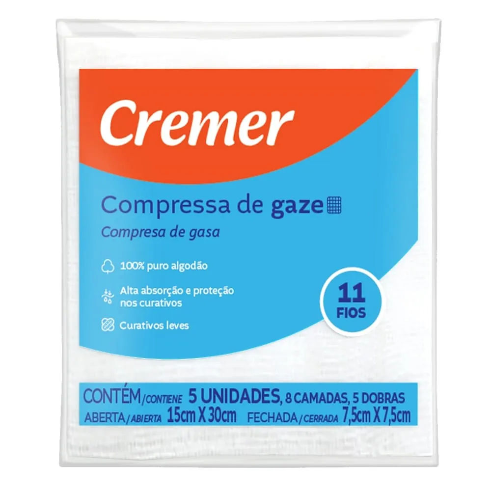 Compressa De Gaze Cremer 11 Fios 7,5 x 7,5 cm, 5 unidades