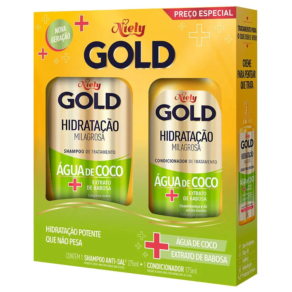 Kit Niely Gold Shampoo 300ml + Condicionador 200ml Hidratação Água de Coco