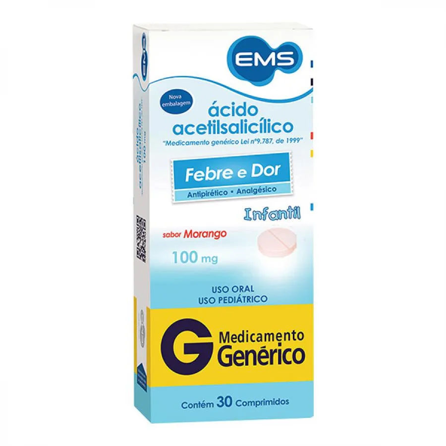 AAS Infantil Ácido Acetilsalicílico Genérico EMS 100mg 30 Comprimidos