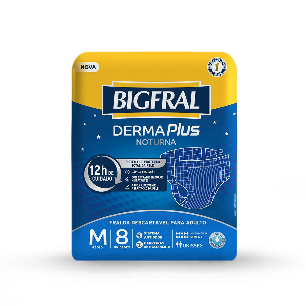 Fralda Bigfral Derma Plus Adulto Noturna Média 8 Unidades