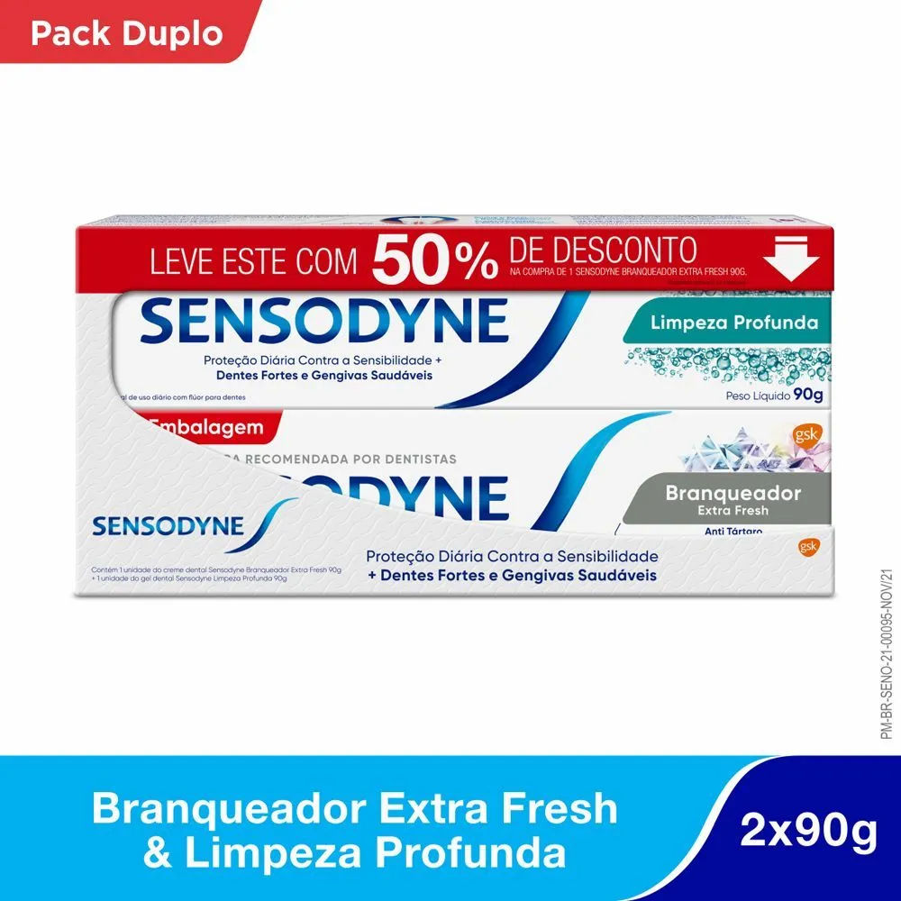 Creme Dental Sensodyne Branqueador Extra Fresh Antitártaro 90g + Limpeza Profunda 90g