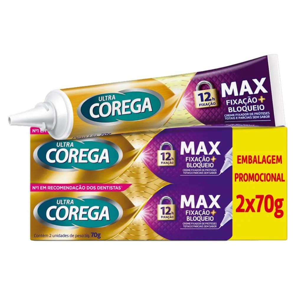 Creme Fixador de Dentadura Ultra Corega Max Fixação + Bloqueio Sem Sabor2 unidades 70g cada