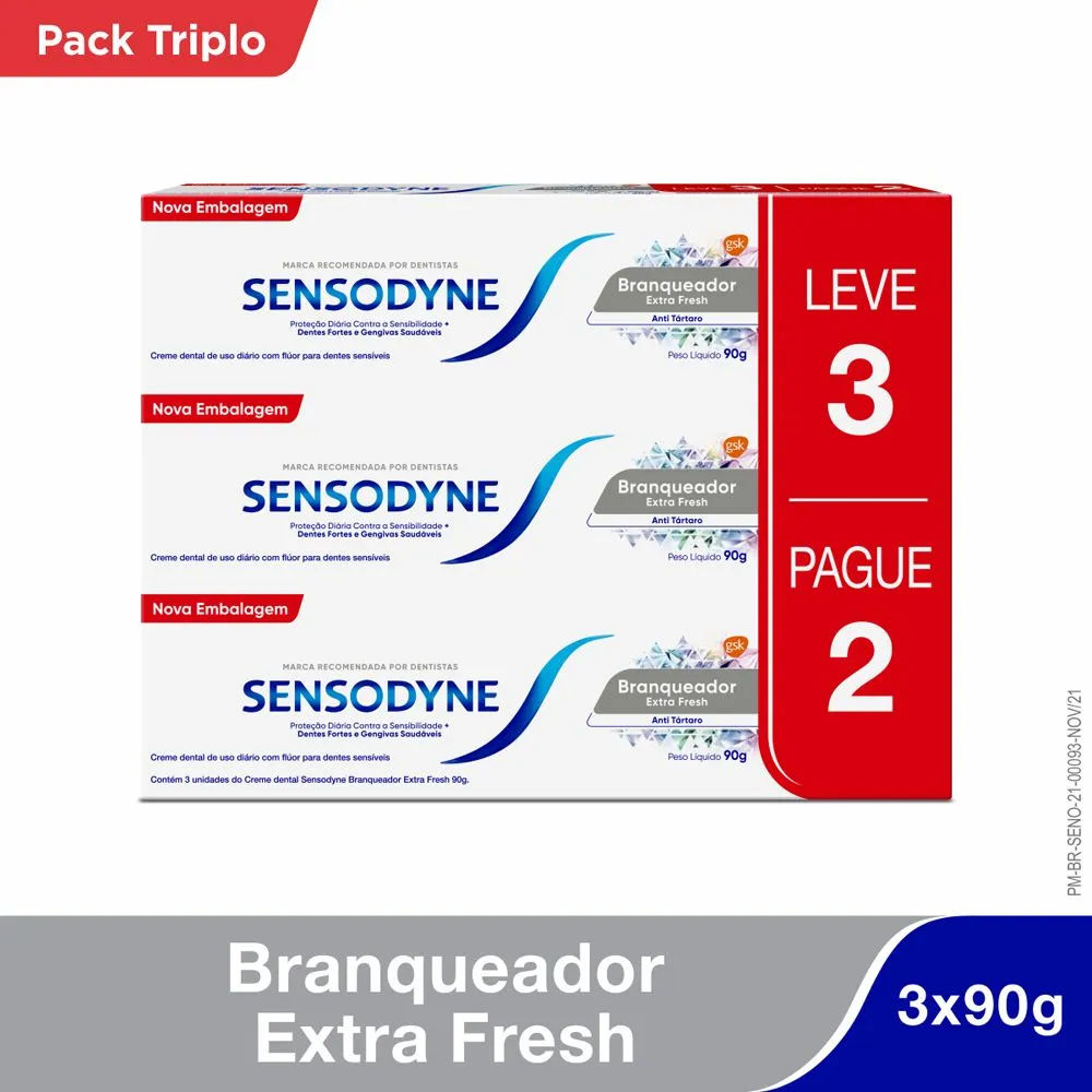 Creme Dental Sensodyne Branqueador Extra Fresh Antitártaro 90g 3 unidades