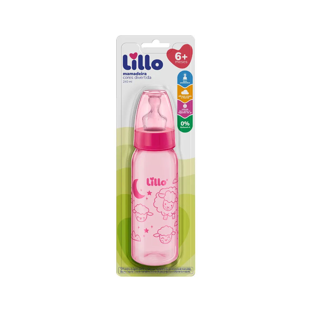 Mamadeira Lillo Divertida Rosa 6+ Meses 240ml 1 Unidade
