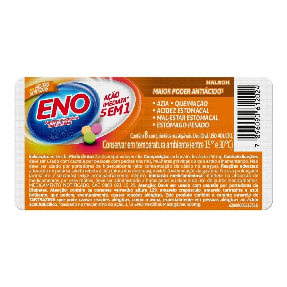 Pastilhas Mastigaveis Eno 750mg Com 8 Pastilhas Frutas Sortidas