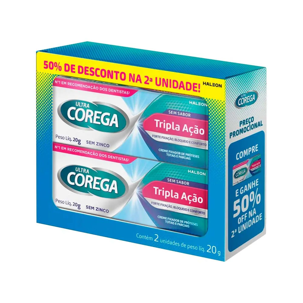 Kit  Fixador de Dentadura  Corega Tripla Ação GSK com Desconto na 2 Unidade