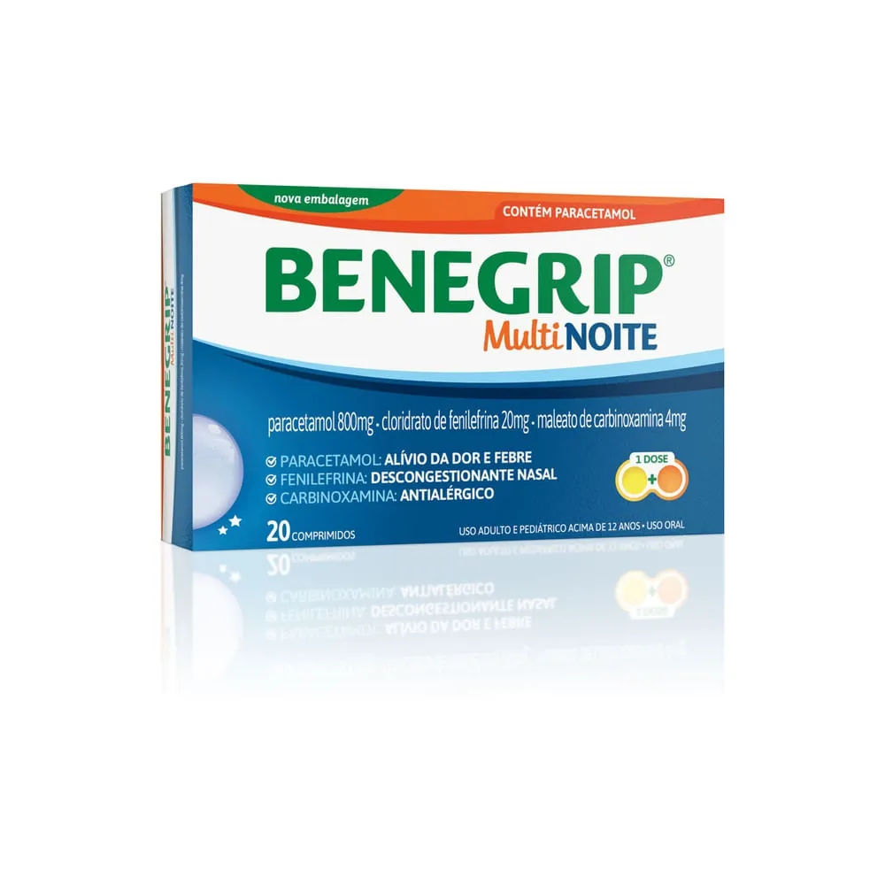 Benegrip Multi Noite Antigripal Analgésico e Descongestionante  Caixa 20 Comprimidos