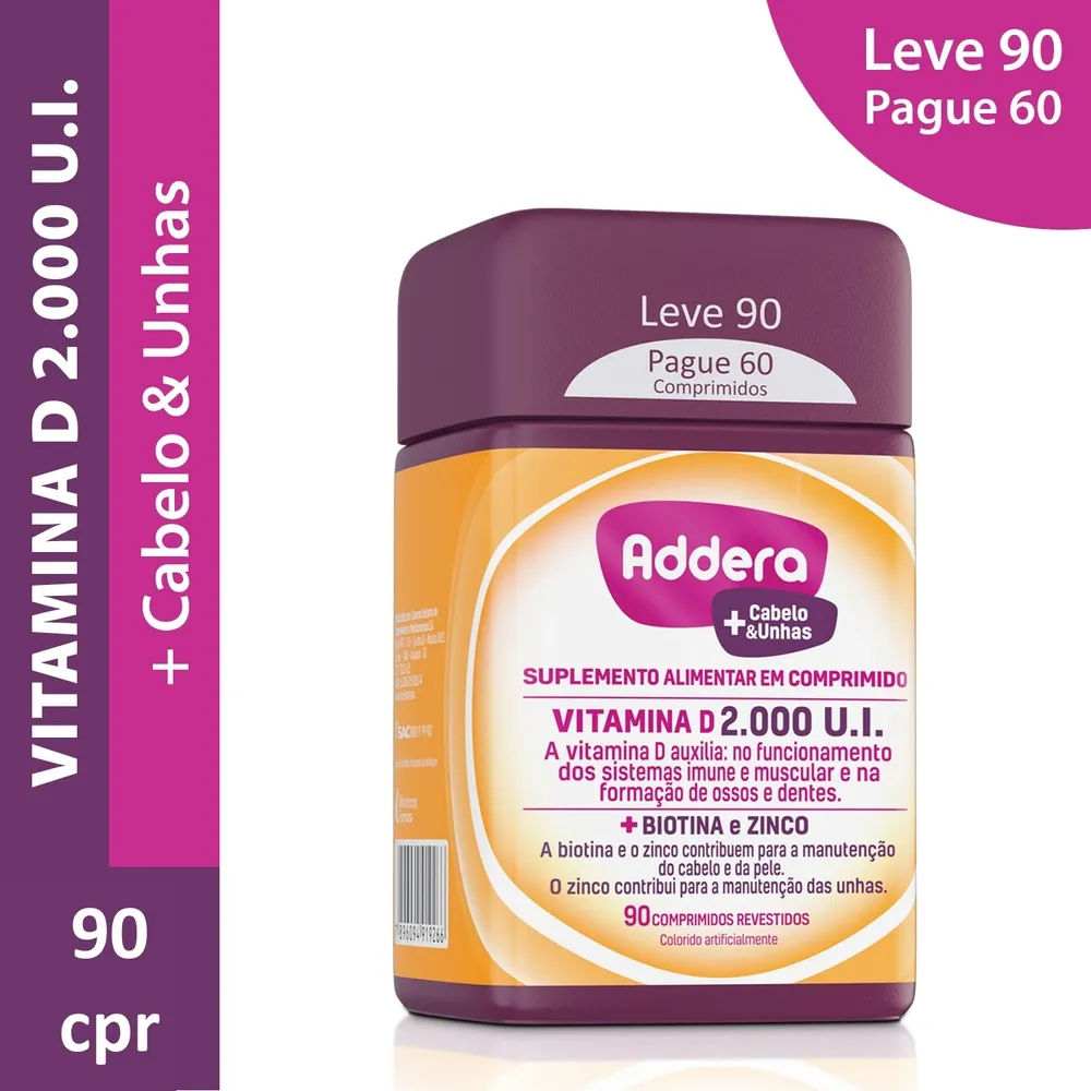 Vitamina D Addera + Vitaminas Para Cabelo E Unhas 90 Comprimidos