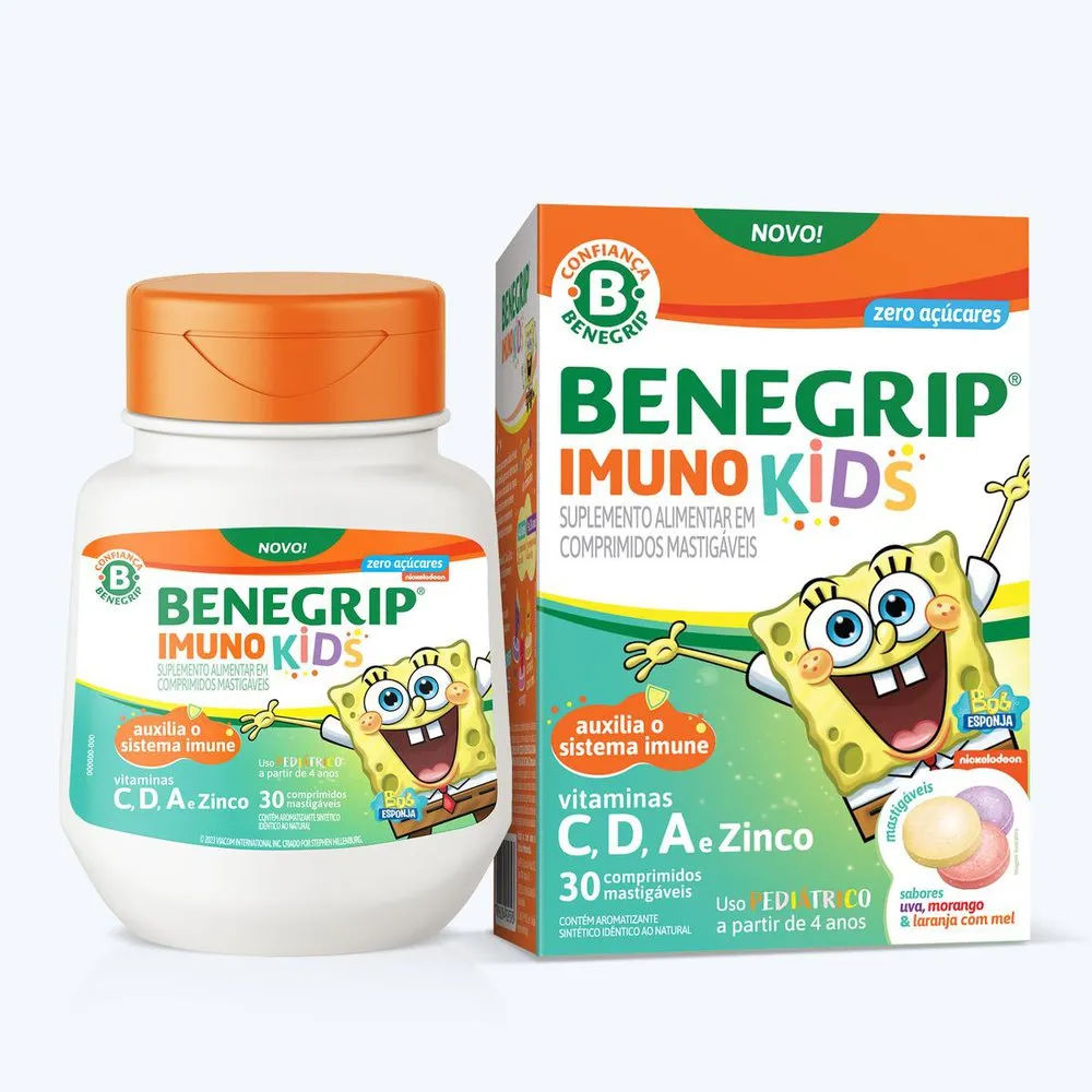 Suplemento Alimentar Benegrip Imuno Kids 30 Comprimidos Mastigáveis Sabores Uva, Morango, Laranja co