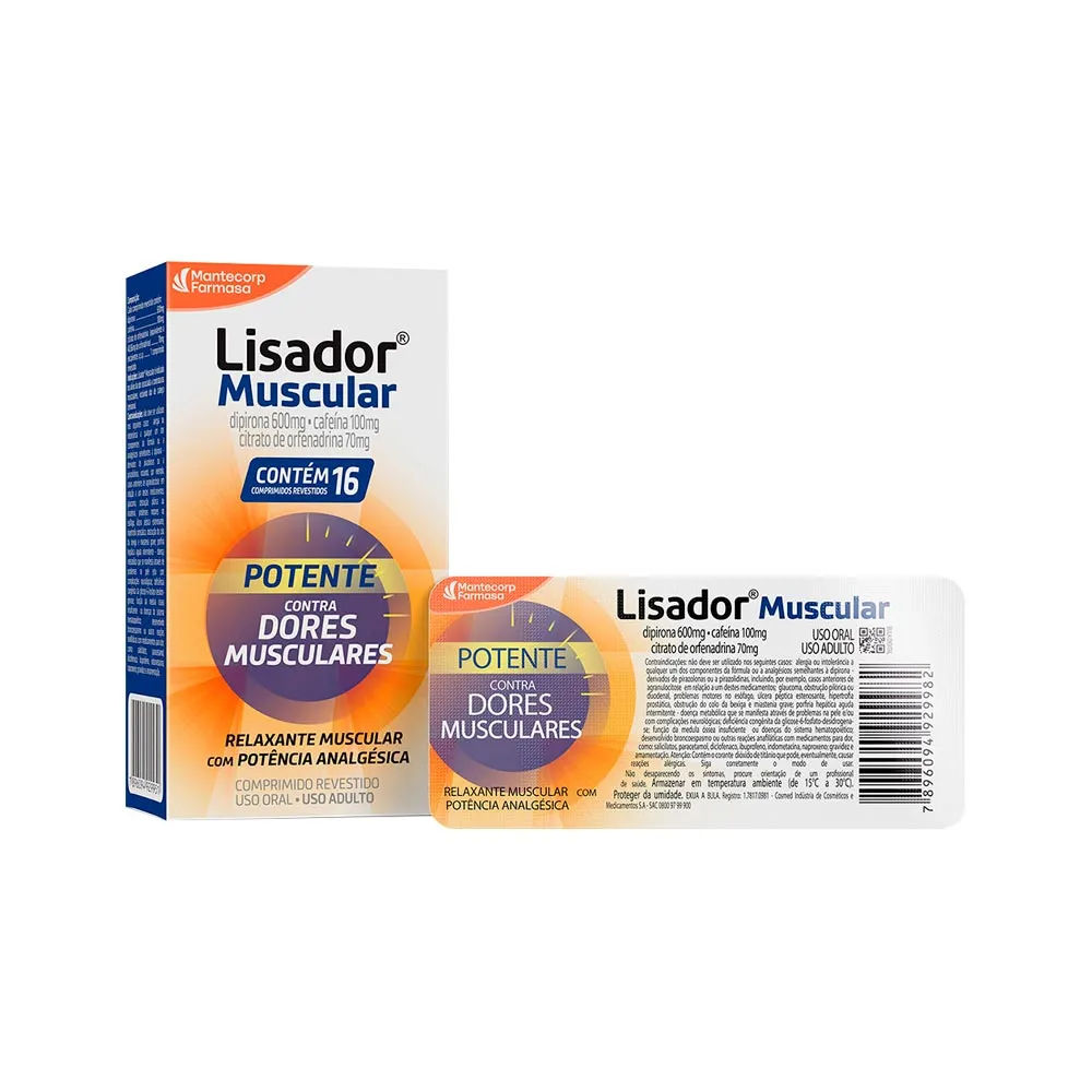 Lisador Muscular Dipirona 600mg+Cafeína100mg+Citrato de Orfenadrina 70mg 16 comprimidos